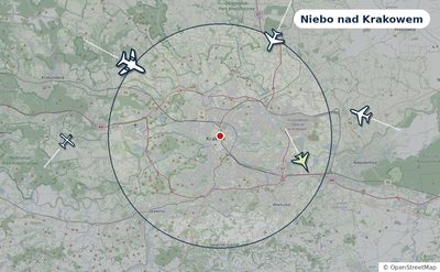 Mapa okolic miasta z sylwetkami samolotów — Niebo nad Krakowem